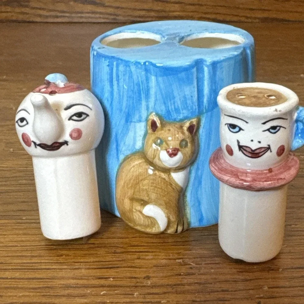 Vintage ALCO Anthropomorphic Teapot Cup Salt Pepper Shakers Cat Stand Japan